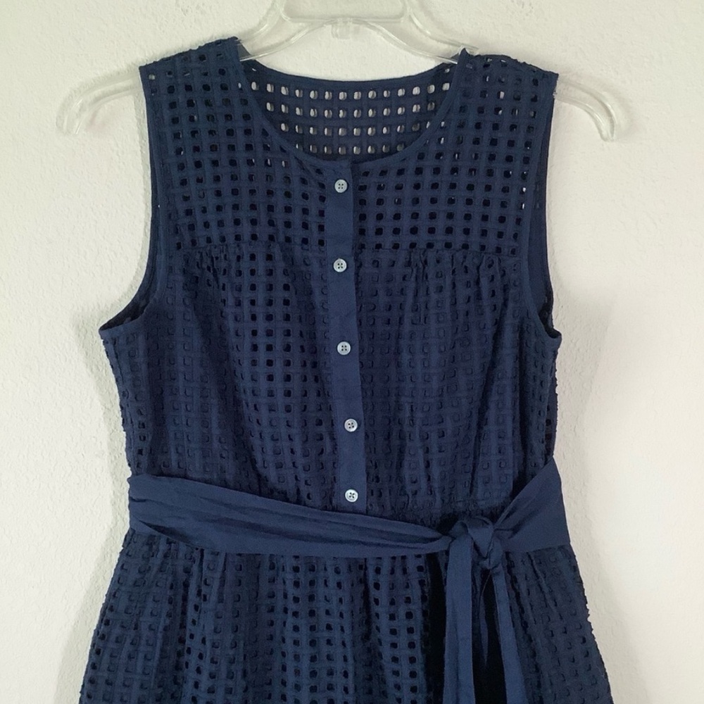 J CREW Navy Eyelet Fit & Flare Dress 10 Sleeveless Pockets Preppy Nautical